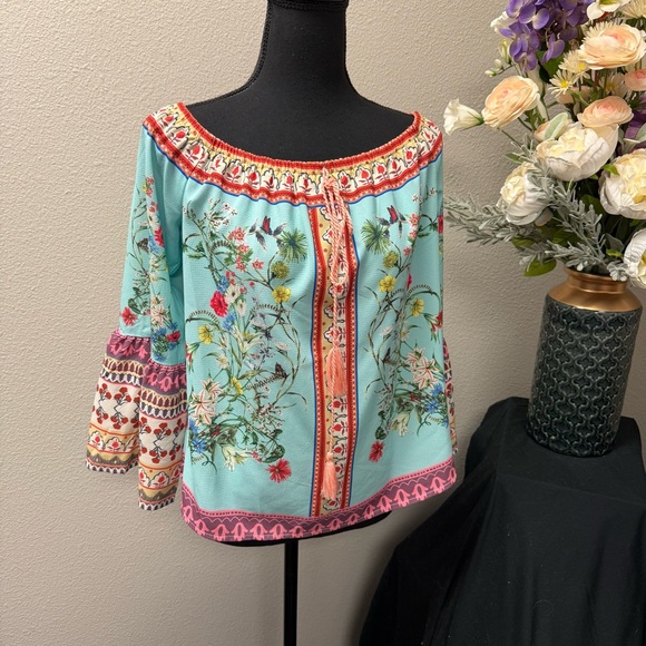 Umgee Tops - Umgee USA Boho Floral Peasant Top Small Off Shoulder 3/4 Sleeve Festival Spring